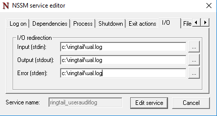 The NSSM service editor dialog box showing the Log on tab.